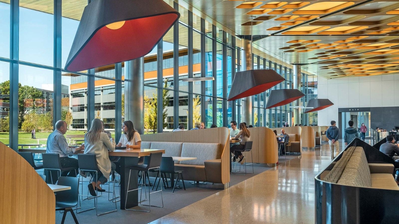 MathWorks: A dining hall with red pendant lamps