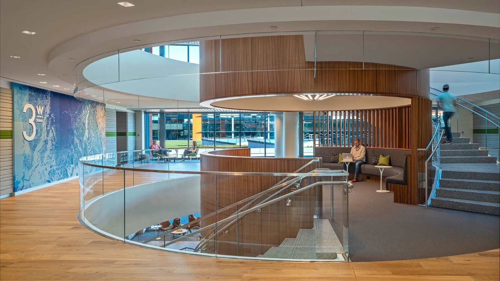 MathWorks: A round atrium with a spiral stair and wood