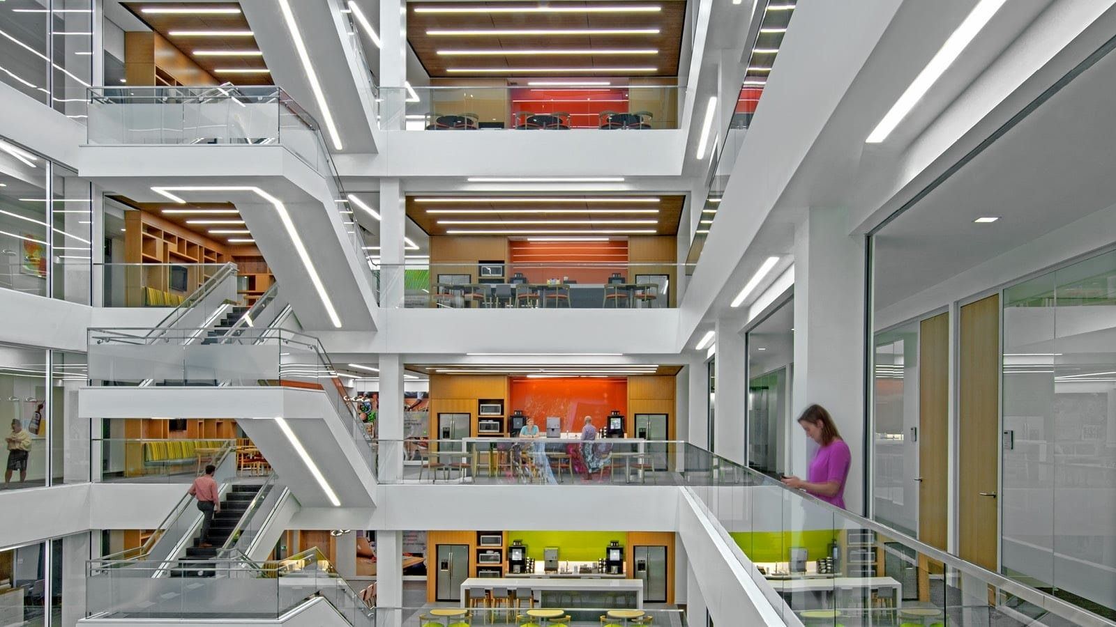 McCormick: Looking across a multi-story atrium with stairs and balconies