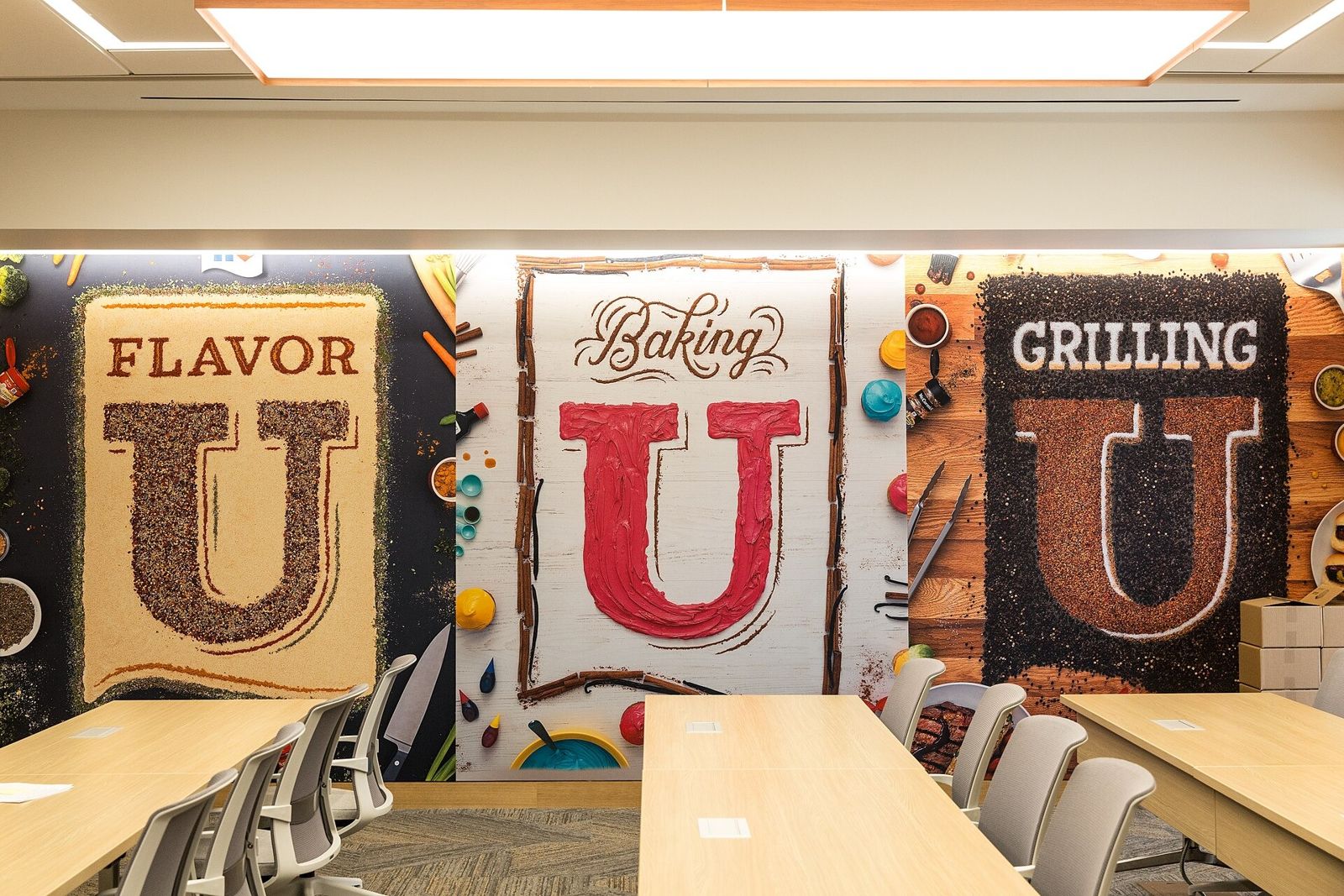 McCormick: Wall graphics reading Flavor U, Baking U and Grilling U over long tables