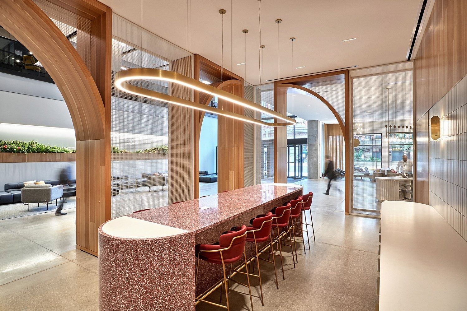 McDonald's: Long bar table under an arch with pendant lights