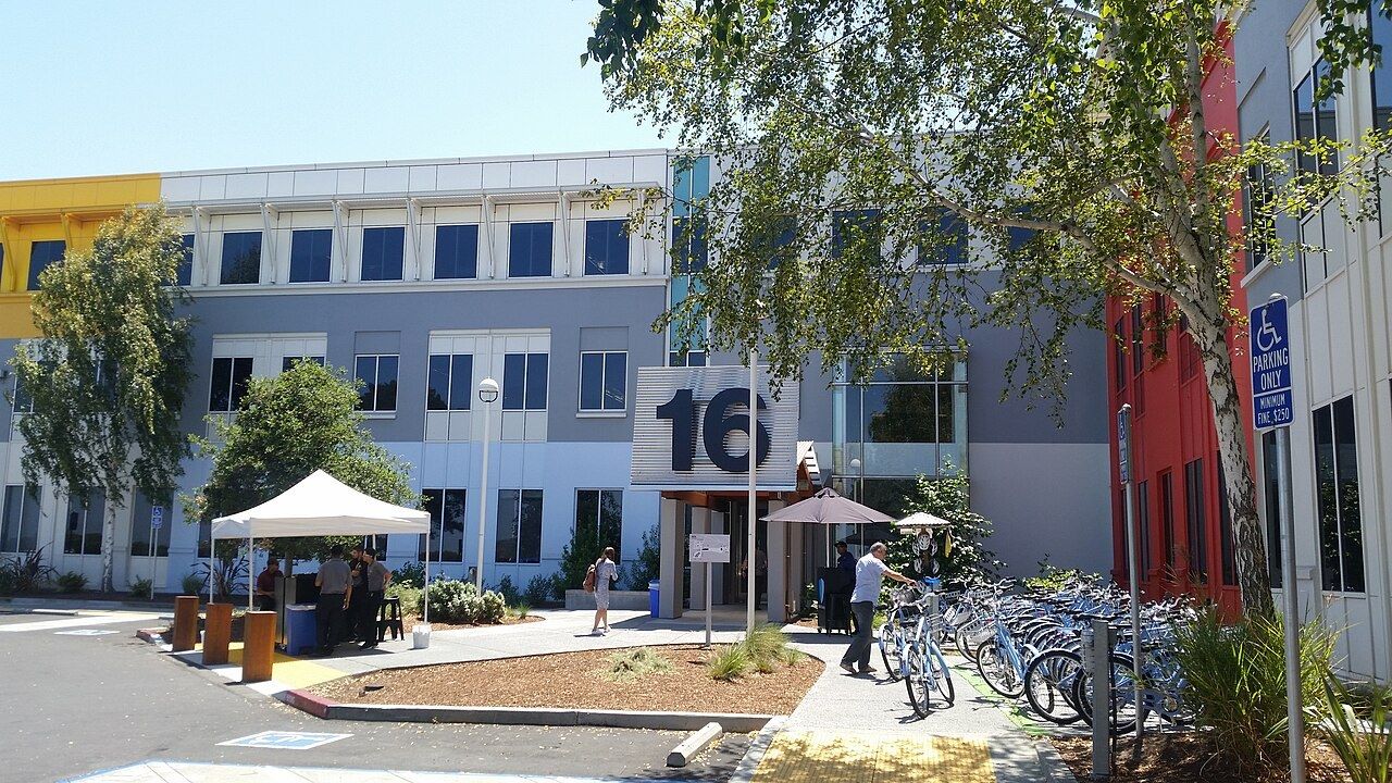 Meta: Building 16 on the Menlo Park campus with bikes and tents