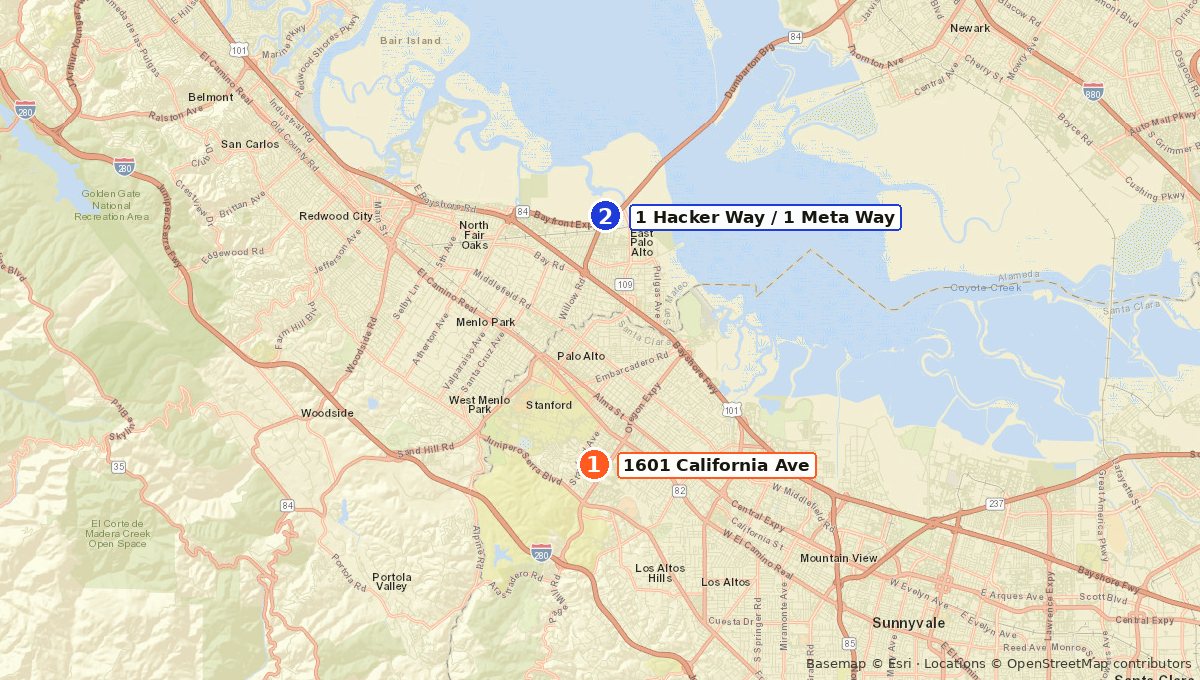Map from Palo Alto to Menlo Park