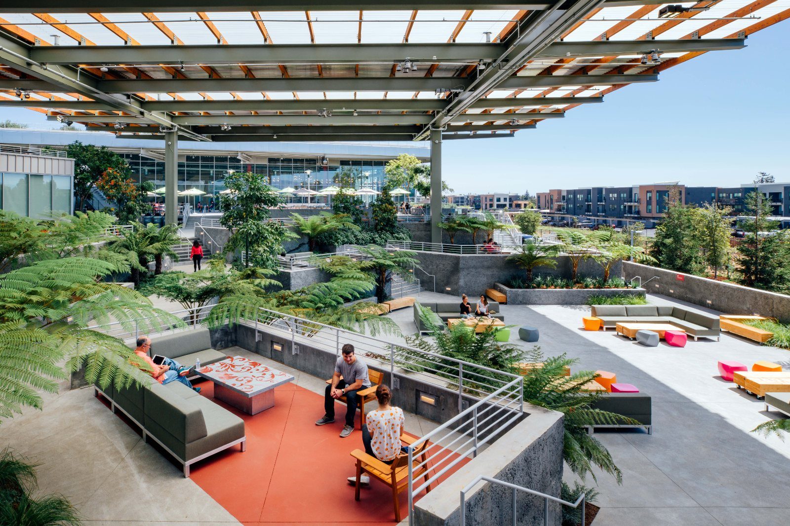 Meta: Terrace with sofas and tree ferns under a slatted roof