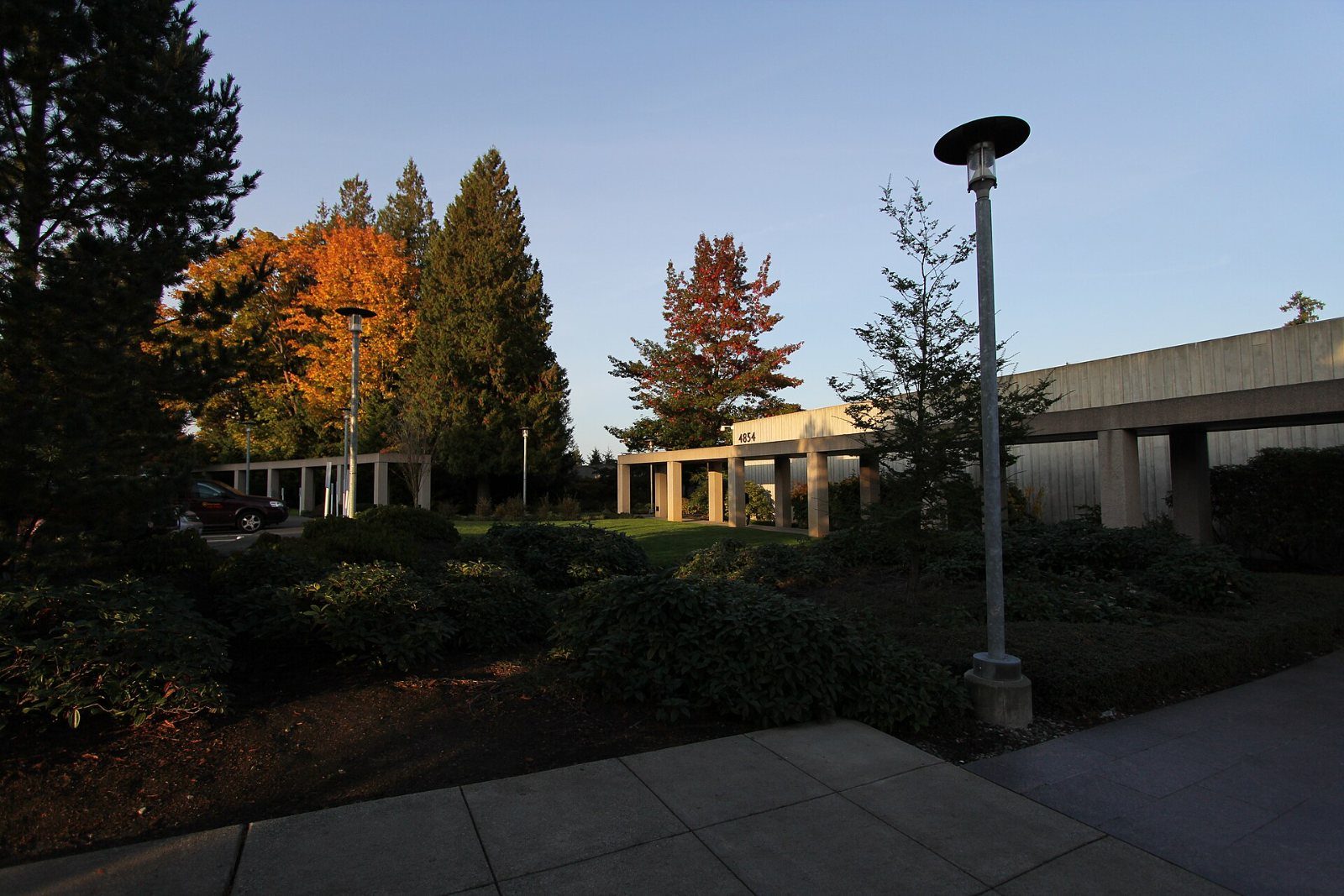 Path through trees and lawns between low buildings