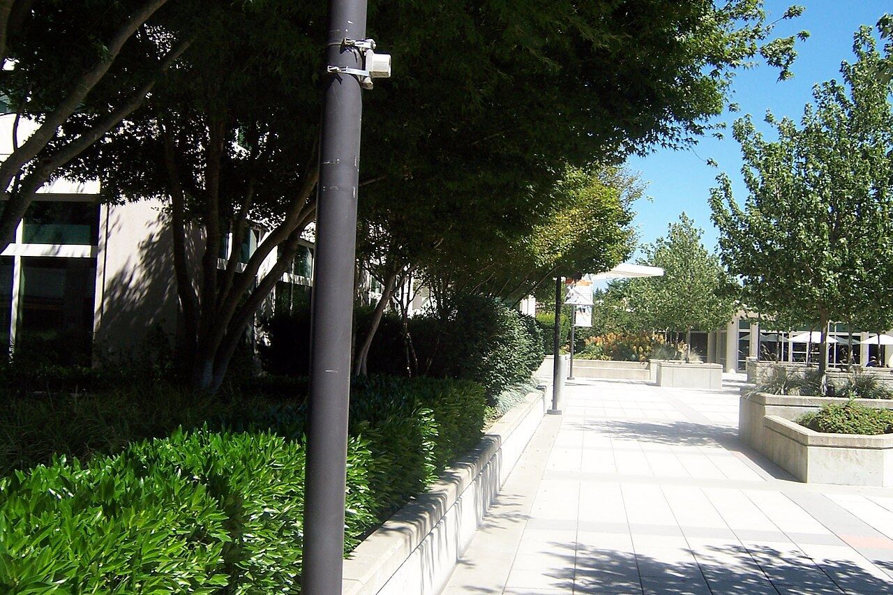 A plaza and walkways between buildings