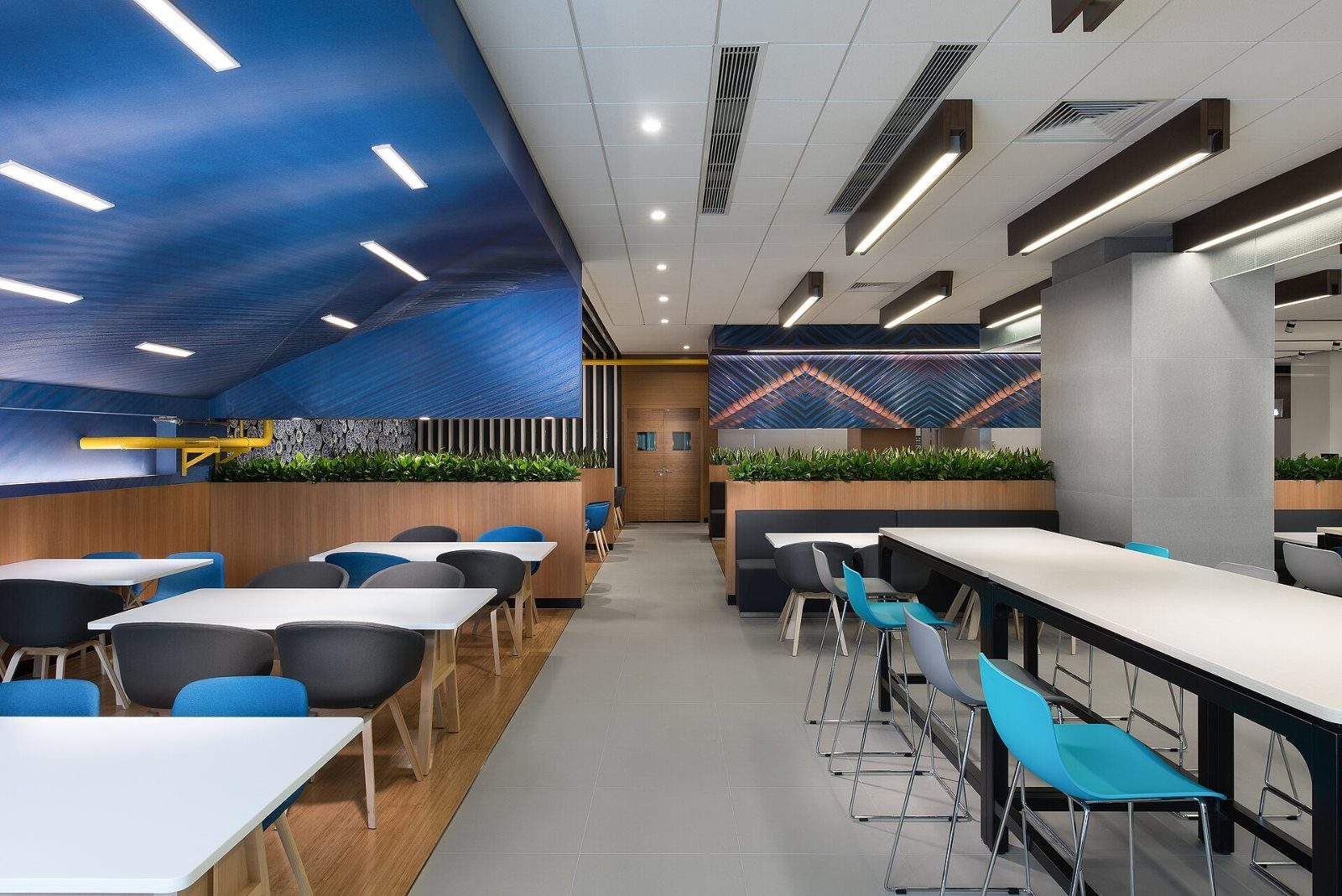 Canteen with long tables and blue chairs