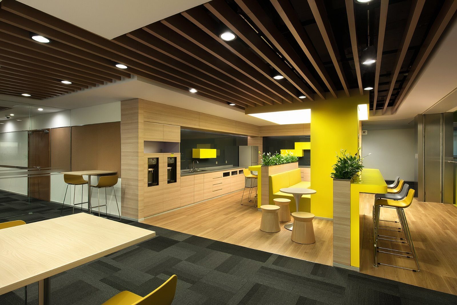 Pantry with wooden ceiling and yellow accents