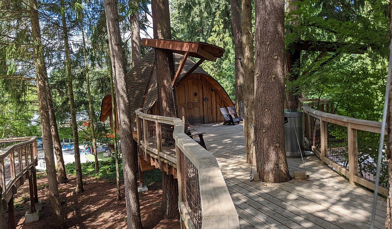 A wooden treehouse among tall trees on the Redmond campus