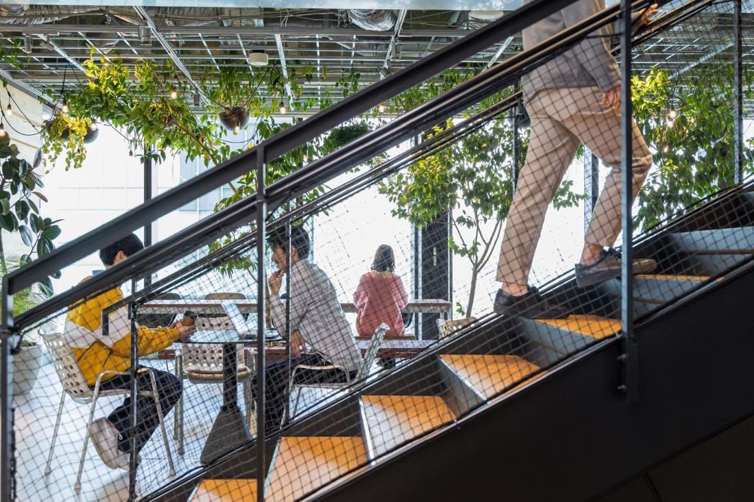 MIXI: Mesh-sided steel stair passing over a planted seating area