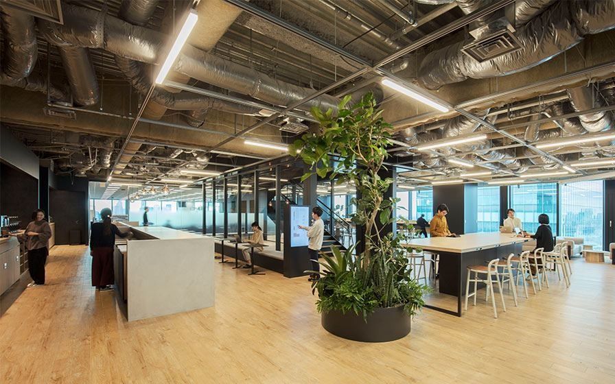 MIXI: Open area with a planted tree, high tables and exposed ceiling ducts