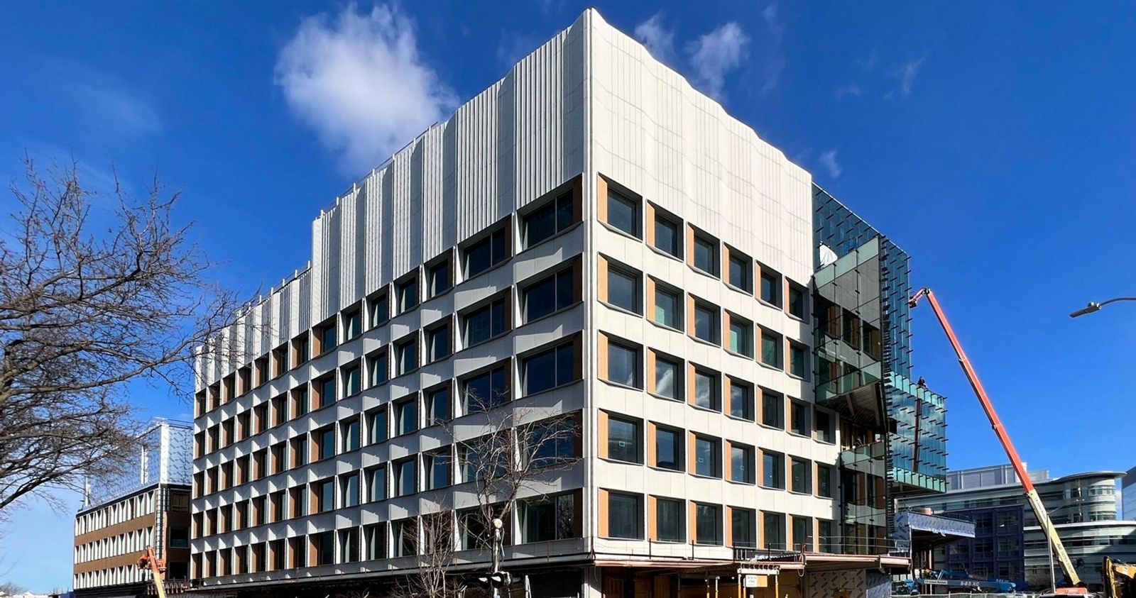 Moderna: The building on a corner with bare trees in front