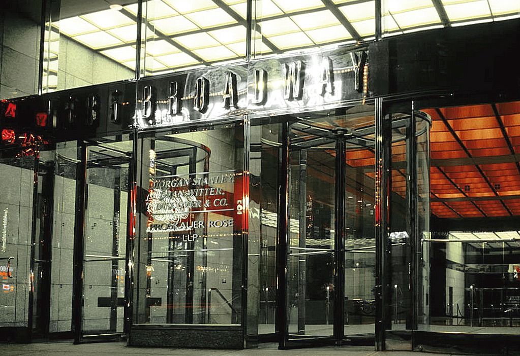 Morgan Stanley: Glass entrance under a sign reading 1585 Broadway