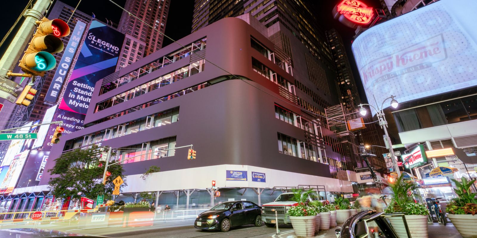 Morgan Stanley: The renovated base of the tower on a busy corner at night