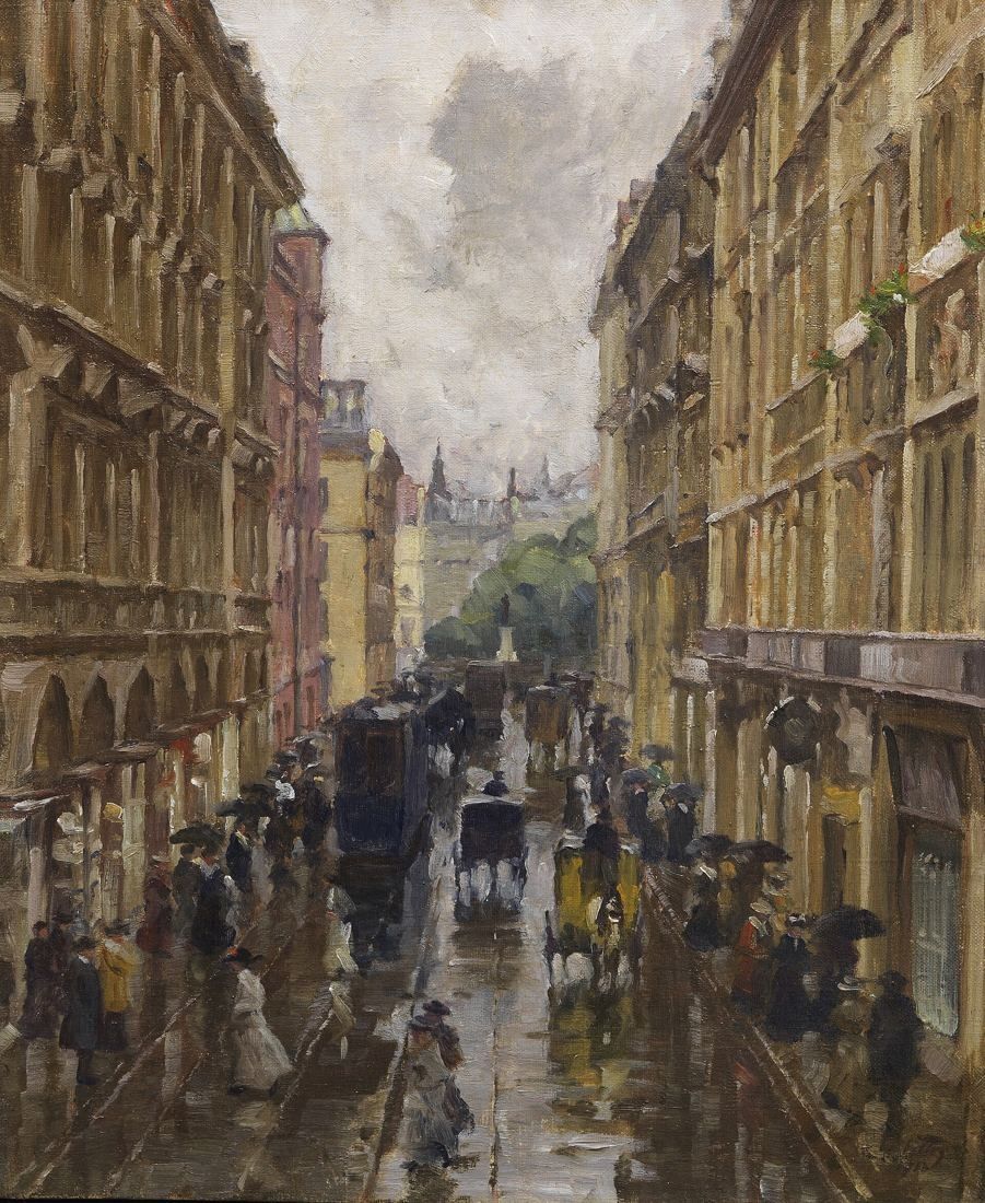 Painting of a rainy city street with carriages and pedestrians under umbrellas