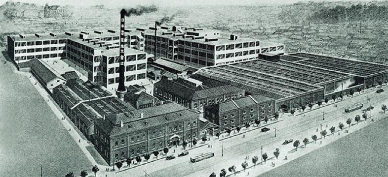 Aerial-view illustration of a large factory complex with chimneys along a street