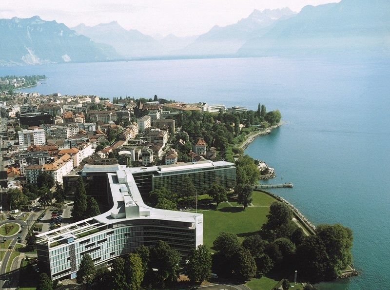 Aerial view of Nestlé's headquarters by Lake Geneva