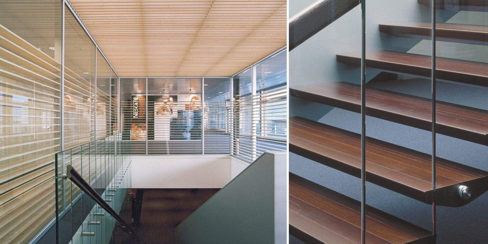 Nestlé: Timber stair treads beside a glass facade