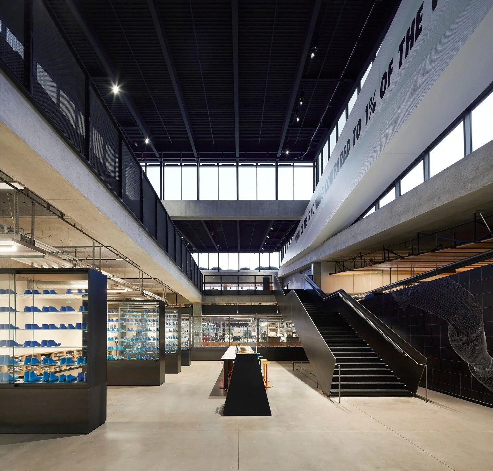 Nike: A black interior with display cases