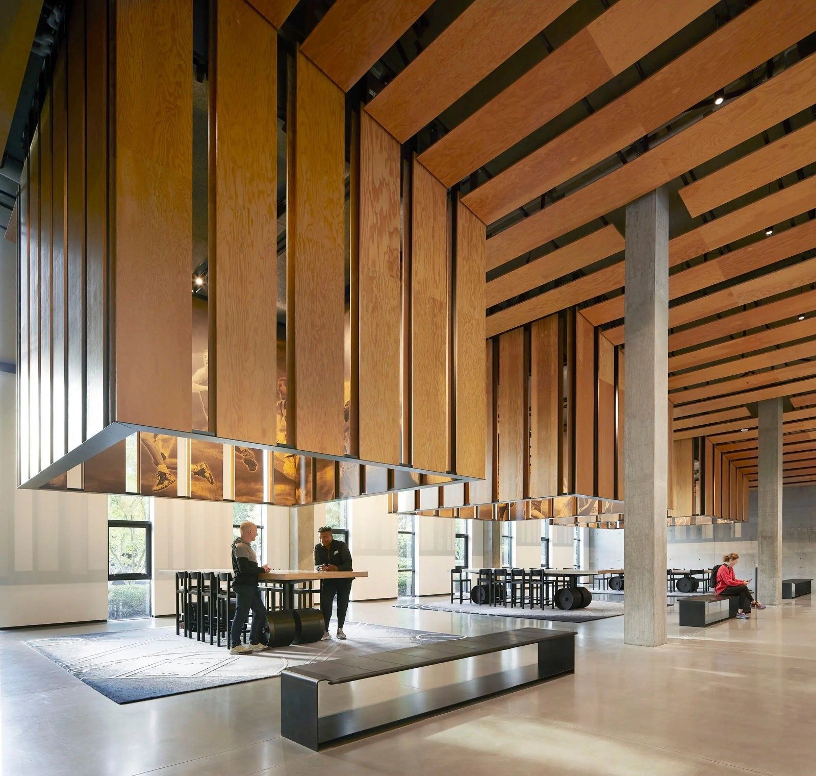 Nike: A timber lobby with a reception desk