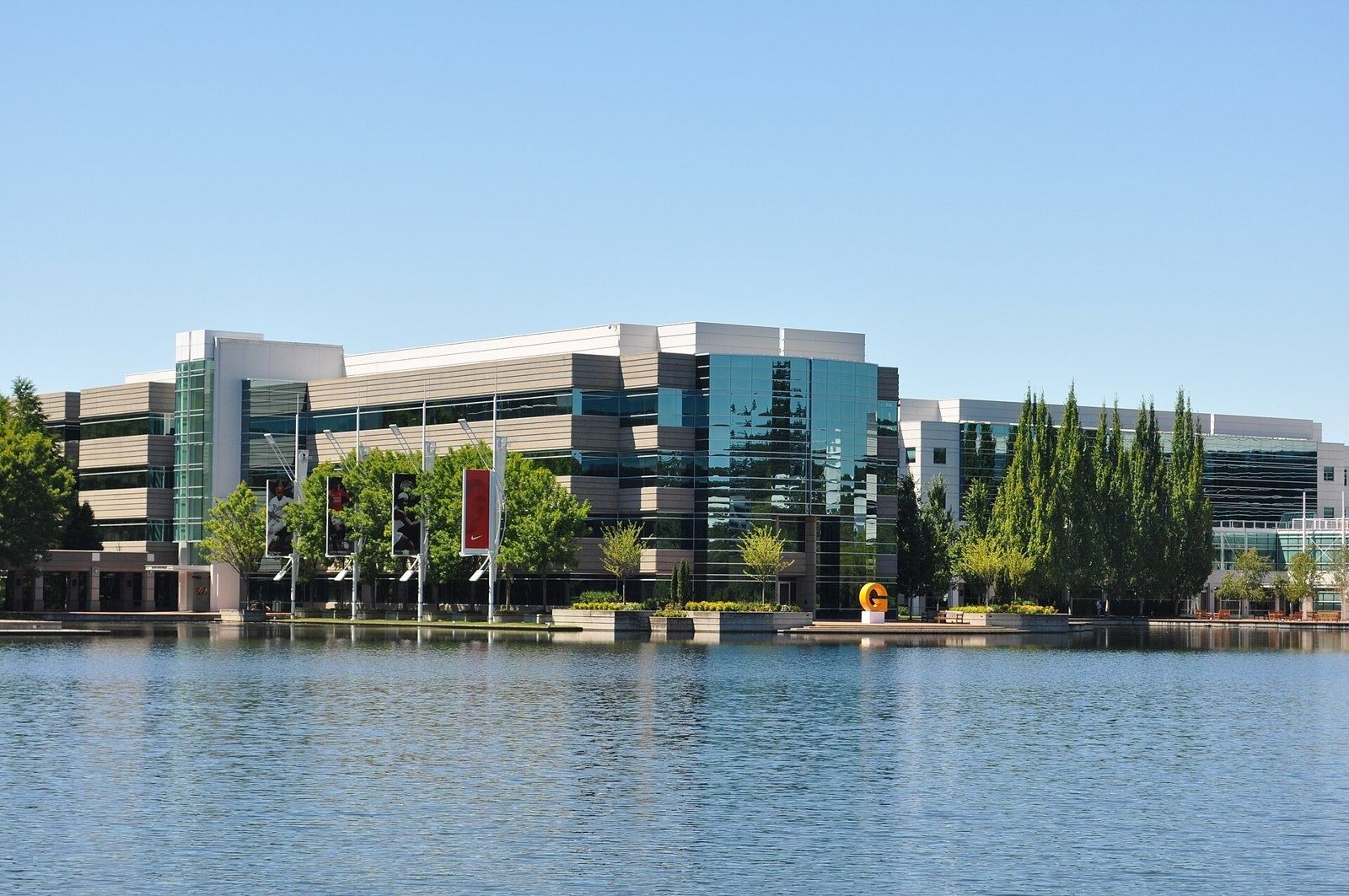 Nike headquarters buildings across a lake