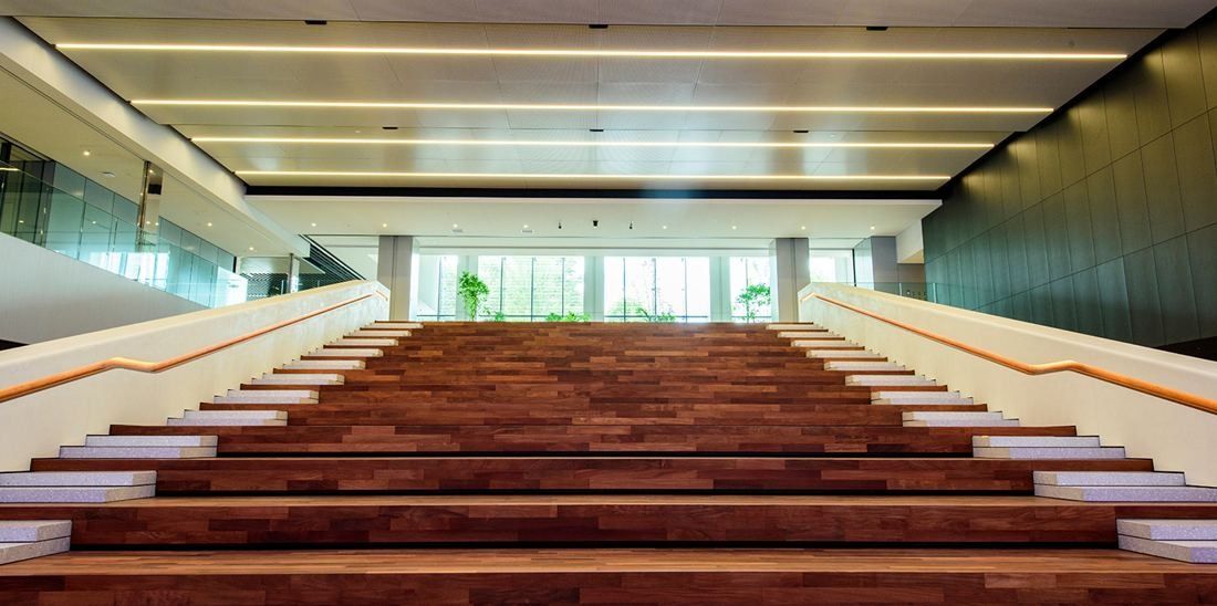 Nikon: Broad wooden stepped seating rising toward windows