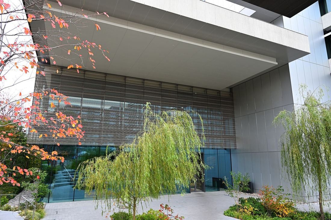 Nikon: Building entrance under a deep canopy with willow trees