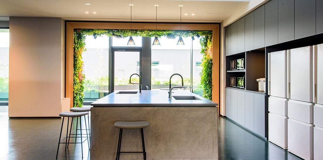 Nikon: Pantry with a stone island, stools and a green-framed window