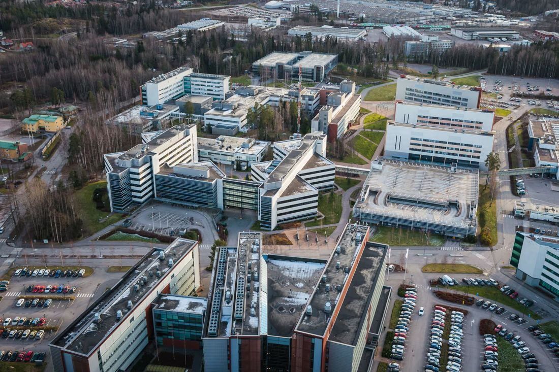 Nokia: Aerial view looking down on several office blocks, parking areas and courtyards
