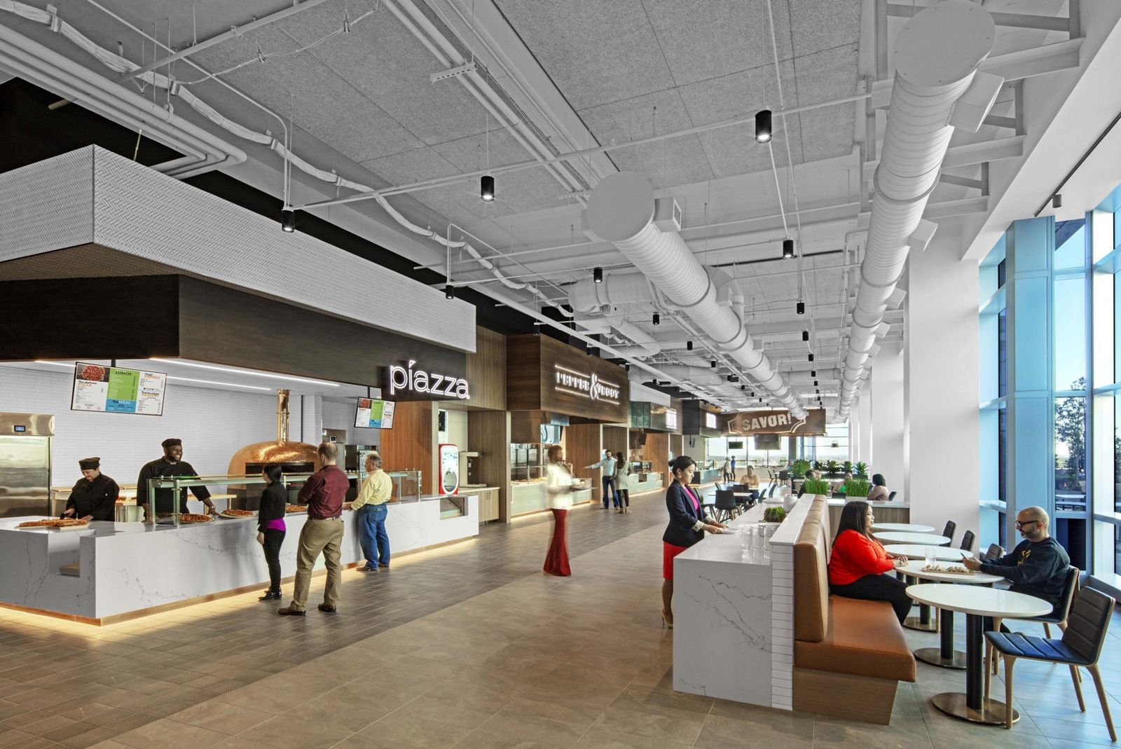 Norfolk Southern: Food counters and booths in a bright food hall