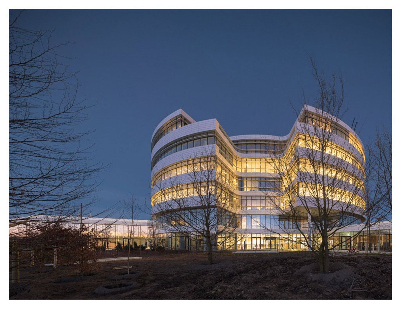 Novo Nordisk: The round headquarters glowing at dusk