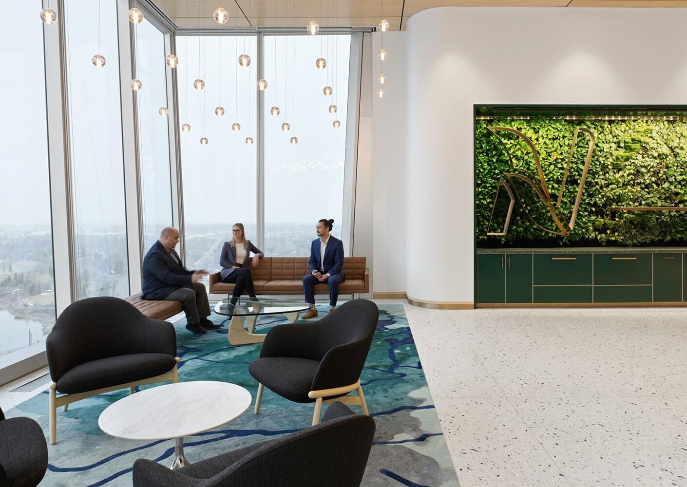 Nutrien: People talking in black lounge chairs by tall windows over the city