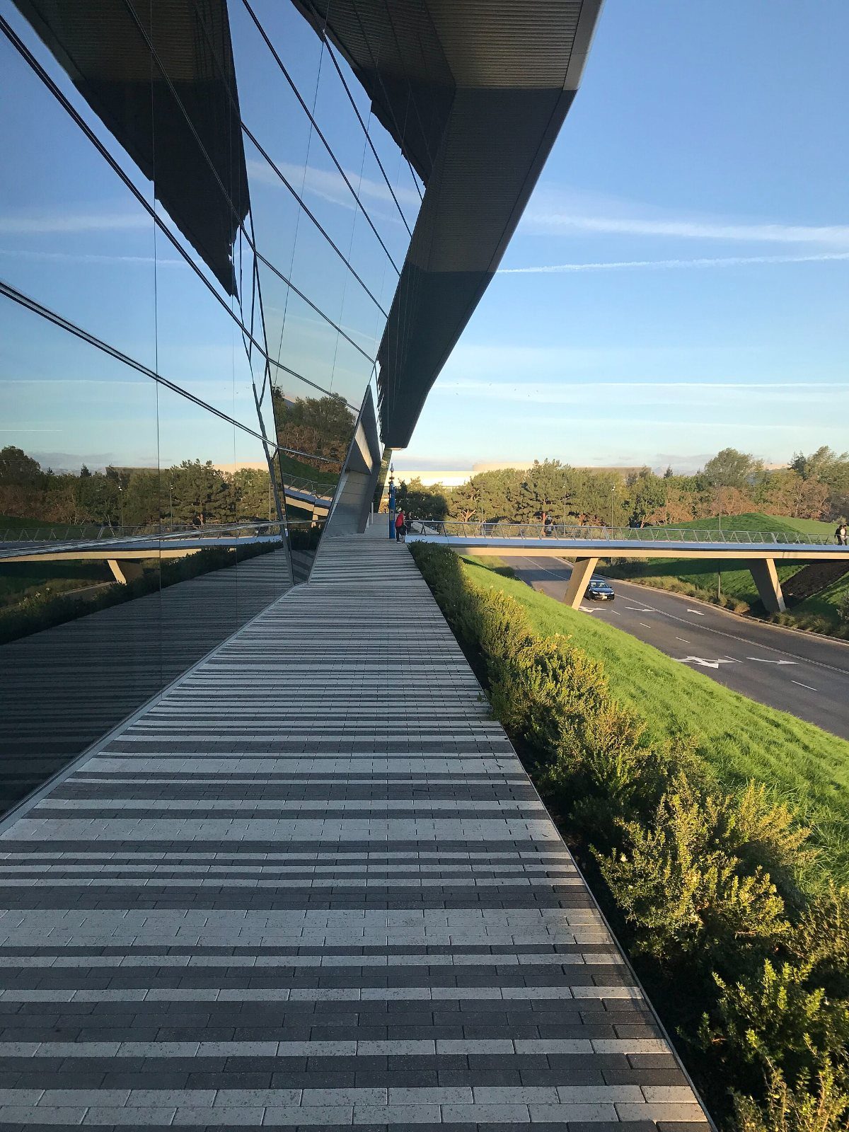 Paved walk along a dark glass wall