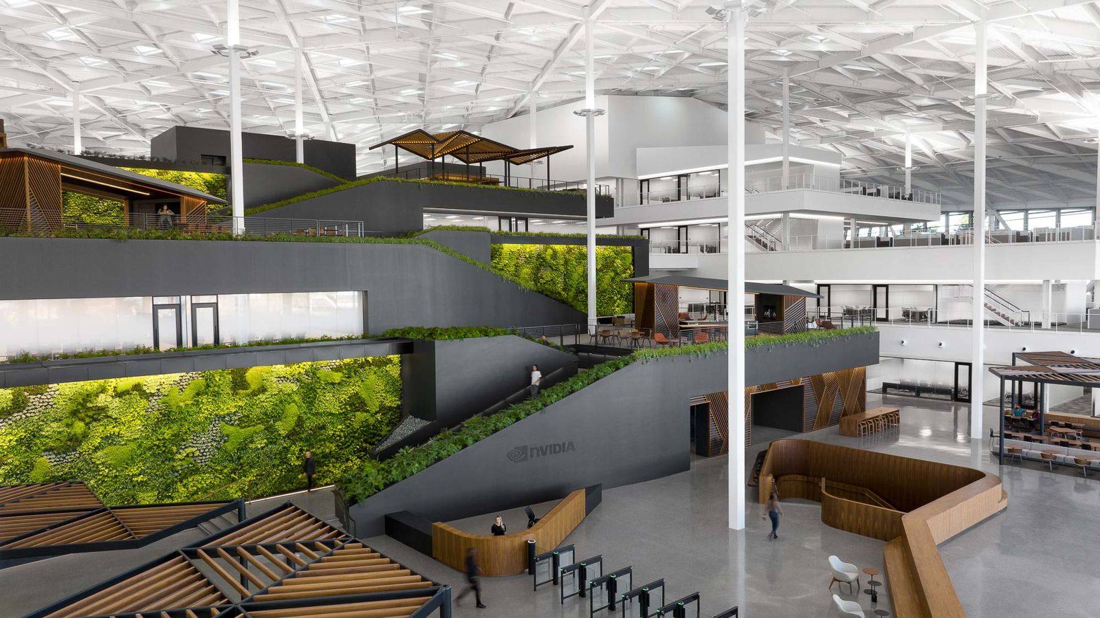 Terraced green walls and stairs inside NVIDIA's Santa Clara headquarters