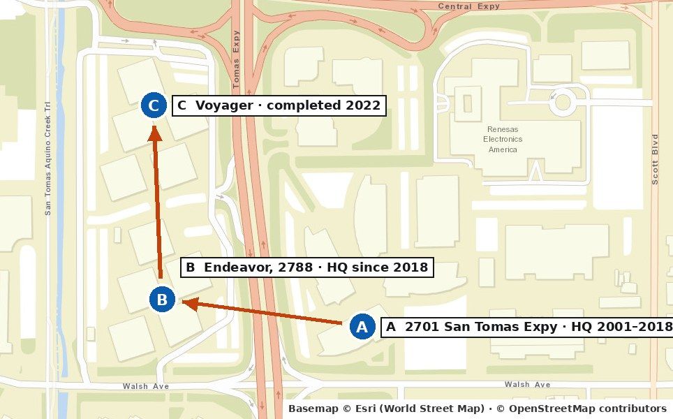 Close-up map of the campus: 2701 San Tomas, Endeavor and Voyager
