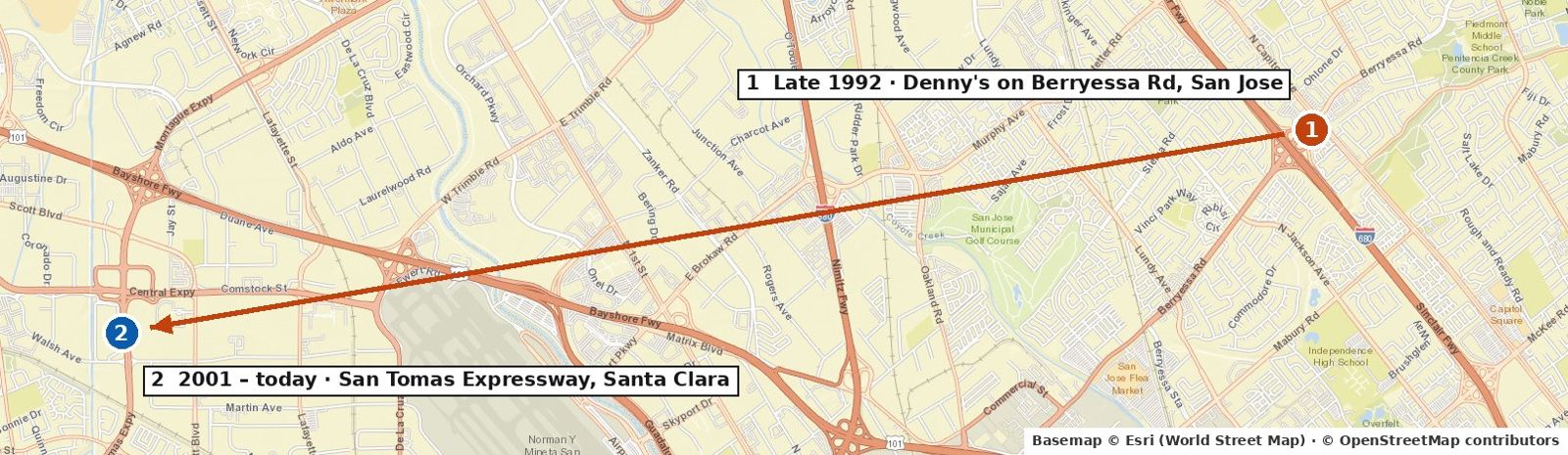 Map from the Denny's in San Jose to NVIDIA's campus on San Tomas Expressway