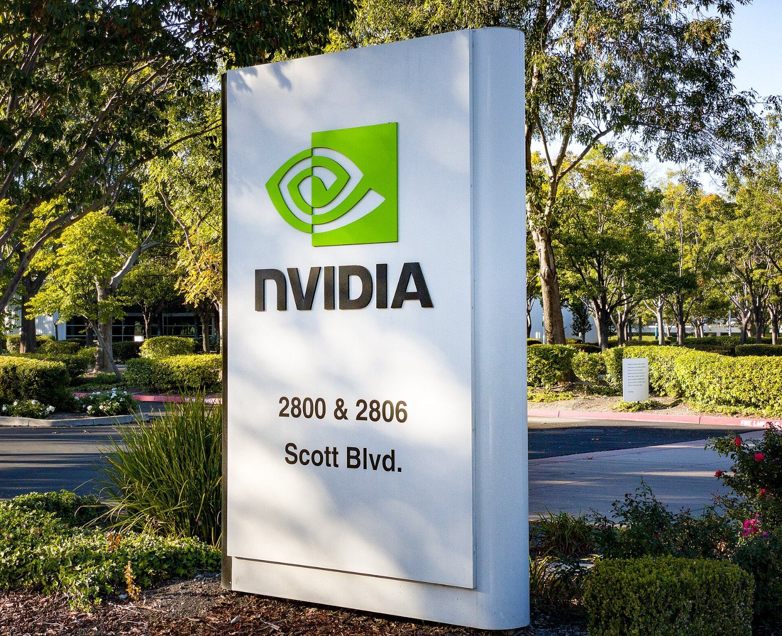 Tall white sign with NVIDIA logo and 2800 & 2806 Scott Blvd