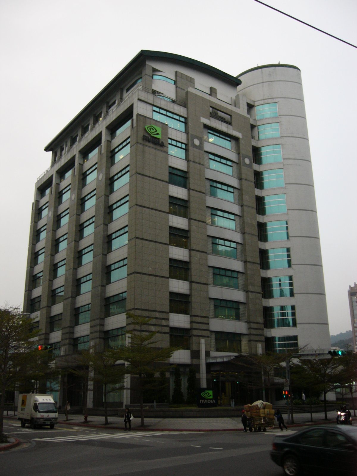 Tall office building with the NVIDIA logo