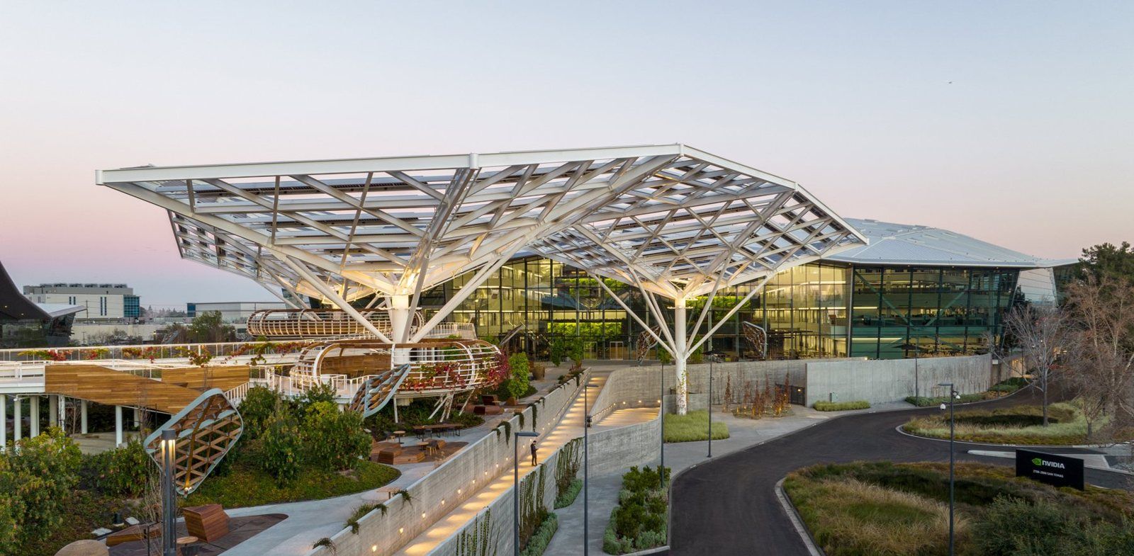 The solar canopy and garden path at dusk