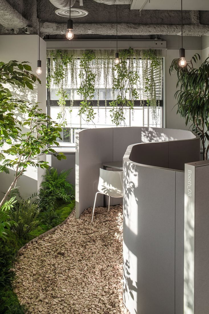 Okamura: Curved partition booth beside a bed of pebbles and plants