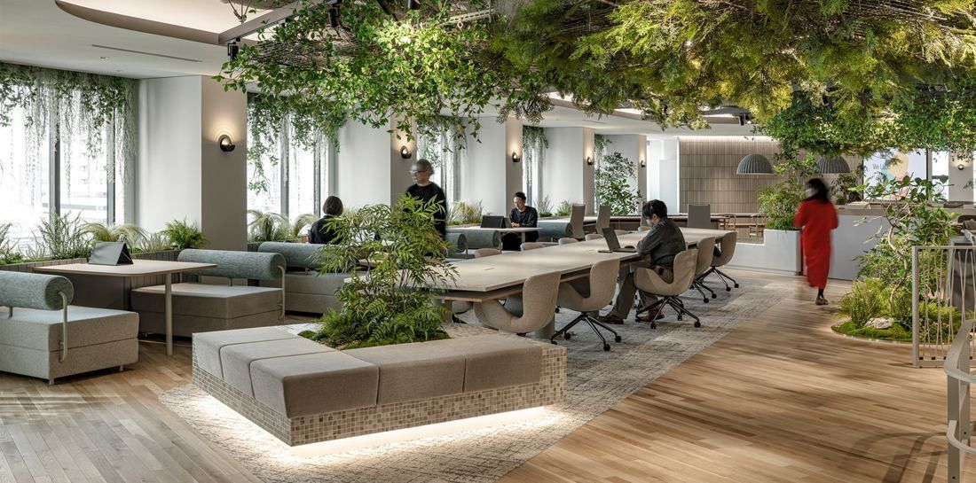 Okamura: Desks and benches along a wooden-floored path under hanging greenery