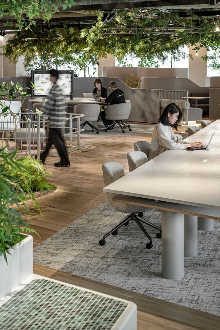 Okamura: Long desks beside planters on a wooden floor