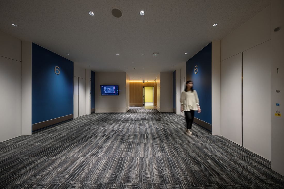 Olympus: Elevator hall with dark blue wall panels marked 6 and patterned carpet