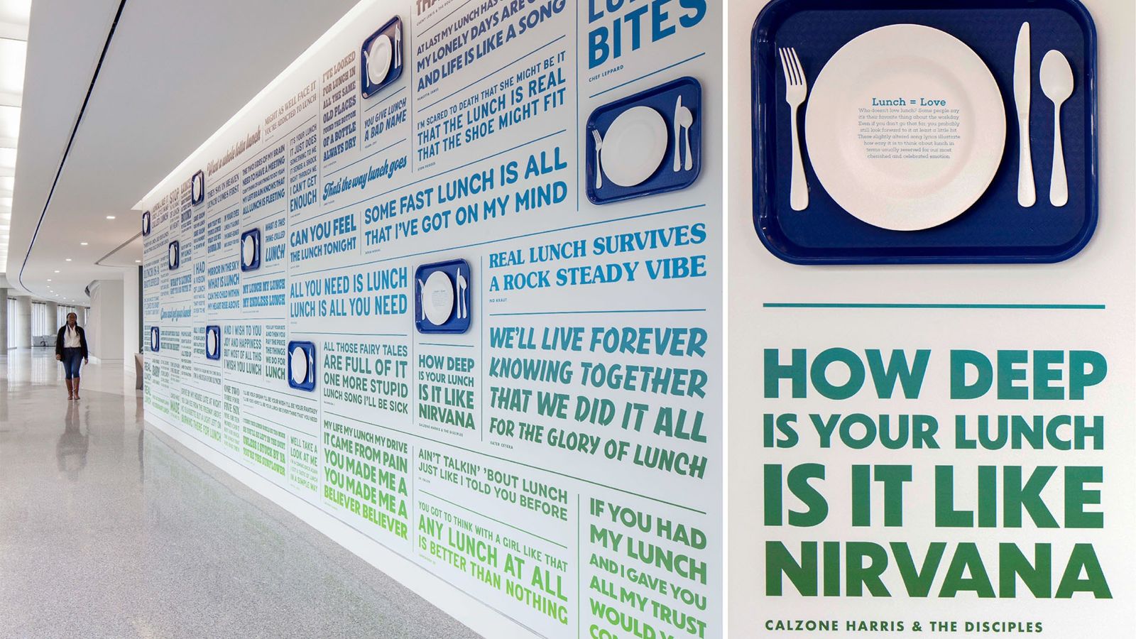 Oracle: A long corridor wall covered in lunch-themed lyrics