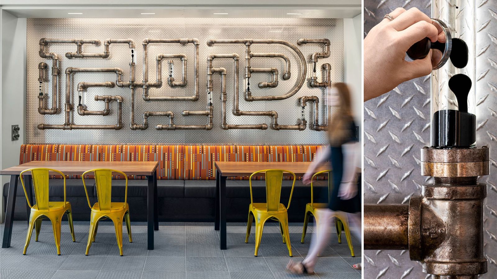 Oracle: Café seating under a wall sculpture made of pipes