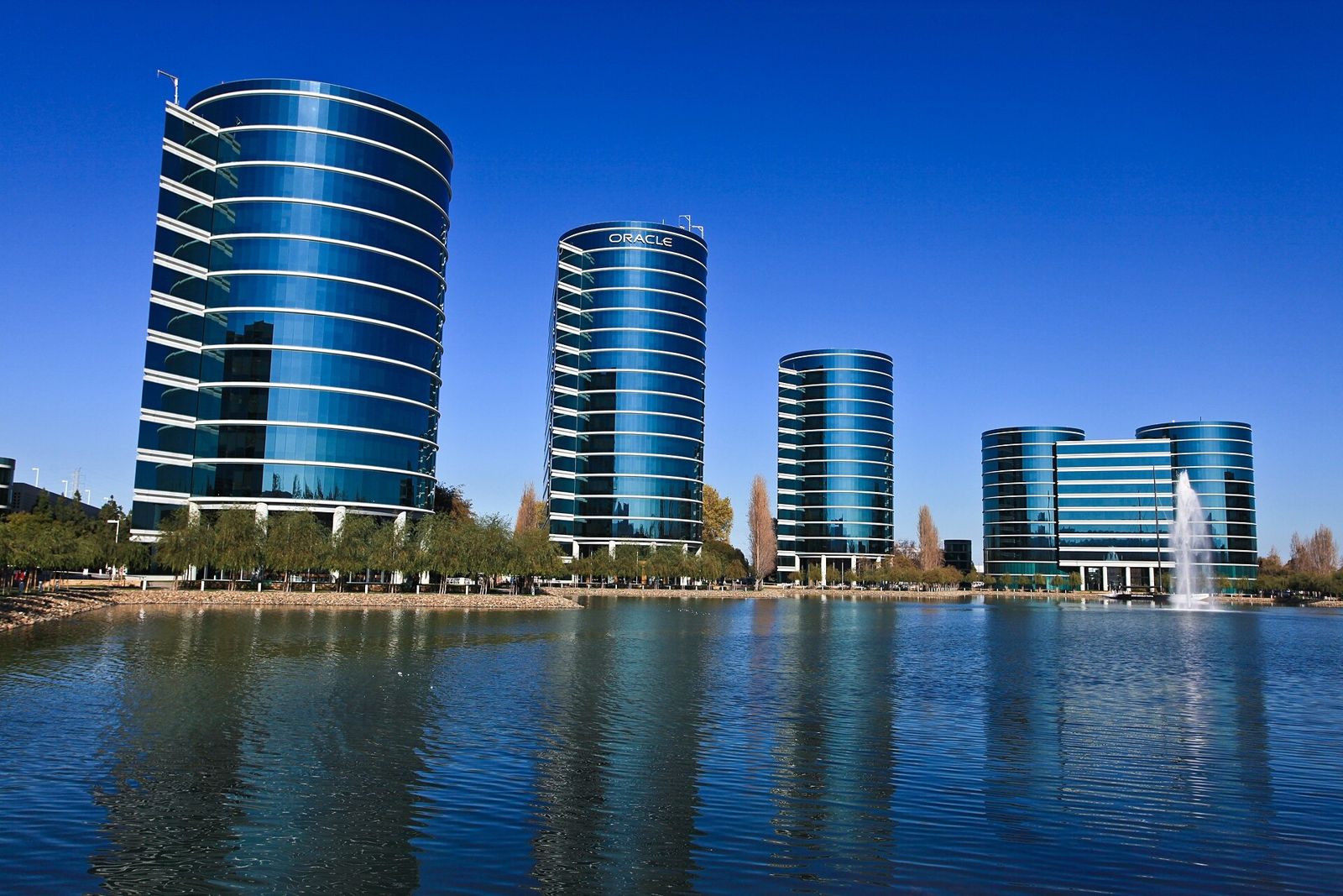 Oracle: Oracle's round glass towers across the lagoon in Redwood Shores