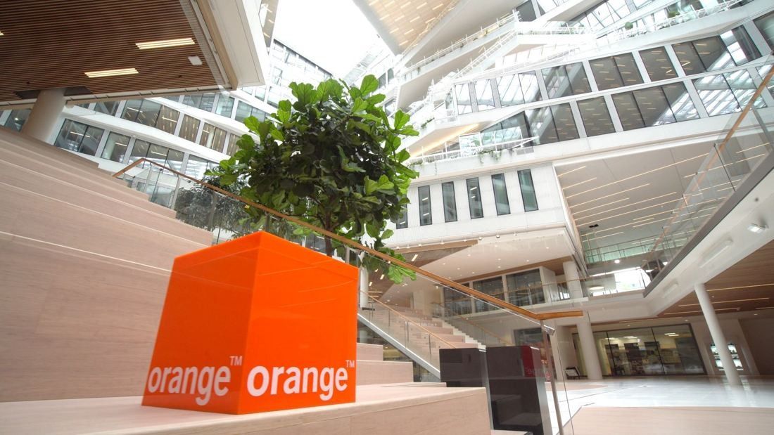 Orange: Large orange cube planter with a tree on wide steps inside a bright atrium
