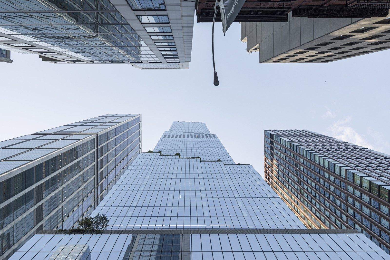 Pfizer: Looking up at the tower between neighbouring buildings