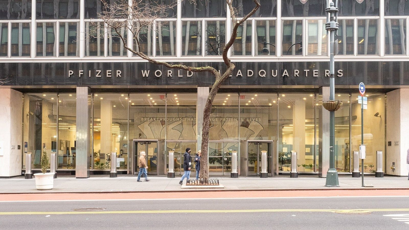 The Pfizer World Headquarters entrance on East 42nd Street