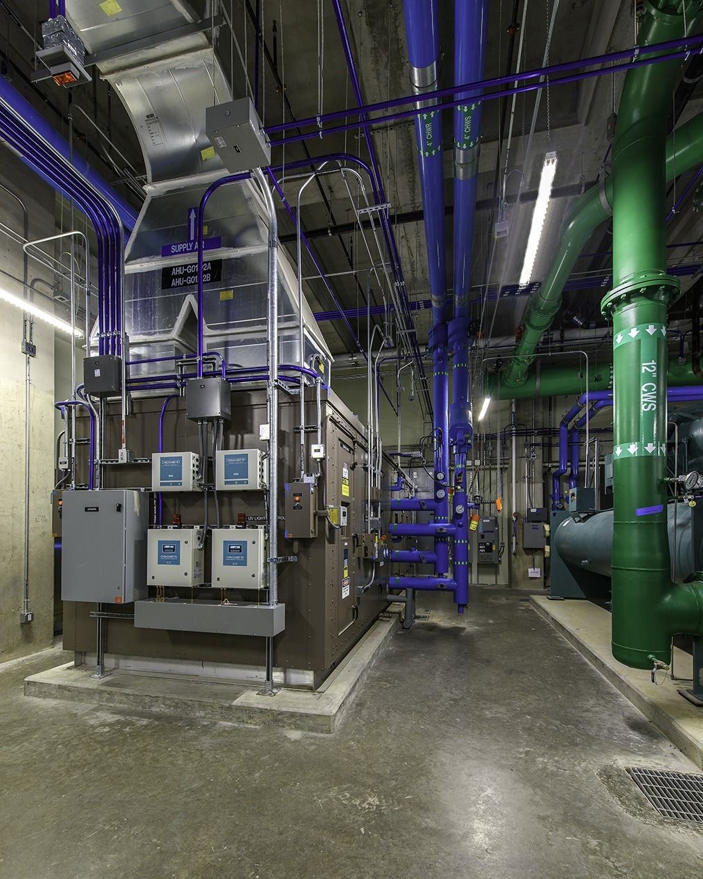 Phillips 66: Green and blue pipes in a tall plant room